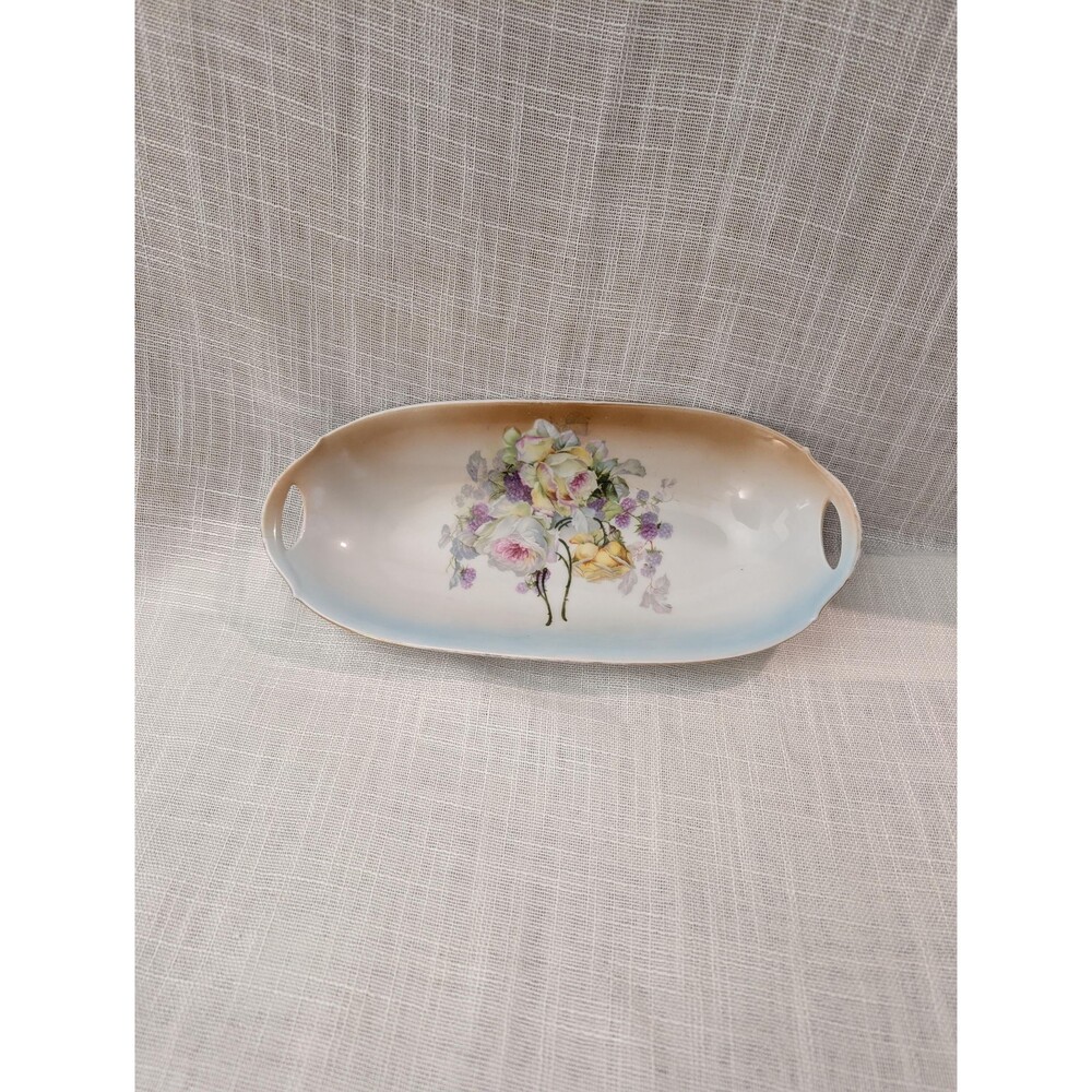 PM Bavaria Hand-painted Porcelain Oblong Tray with Floral Motif and Handles